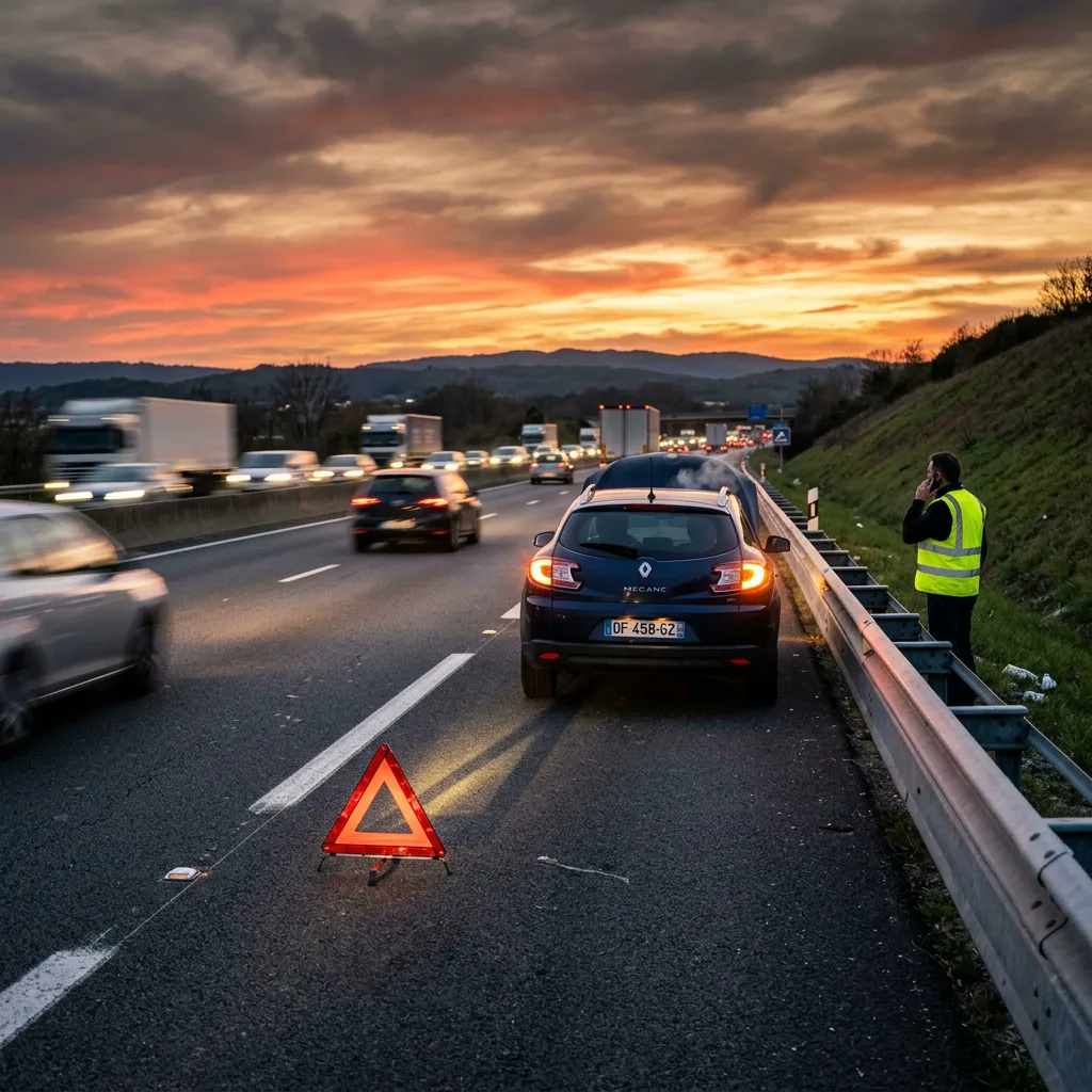 Voiture en panne sur autoroute française, feux de détresse et triangle de signalisation